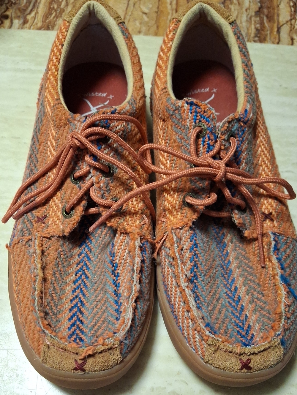 Twisted X Orange and Blue Herringbone Lace-Up Loafers Size 7.5